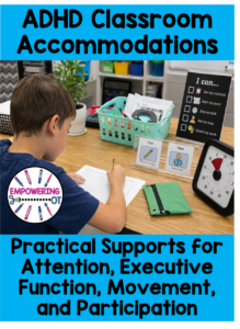 Student with ADHD using visual supports, a First-Then board, checklist, and timer while completing classroom work.