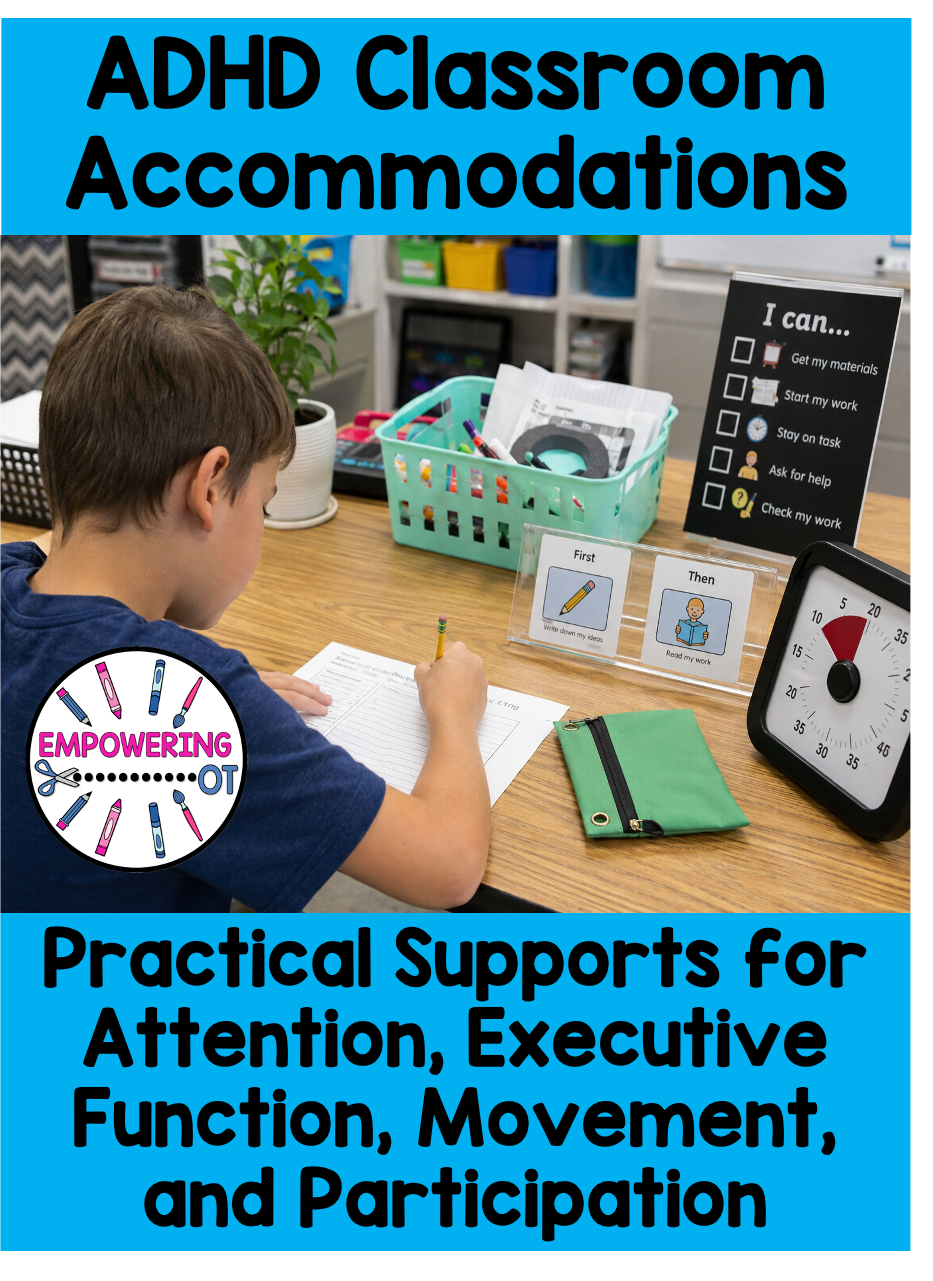 Student with ADHD using visual supports, a First-Then board, checklist, and timer while completing classroom work.