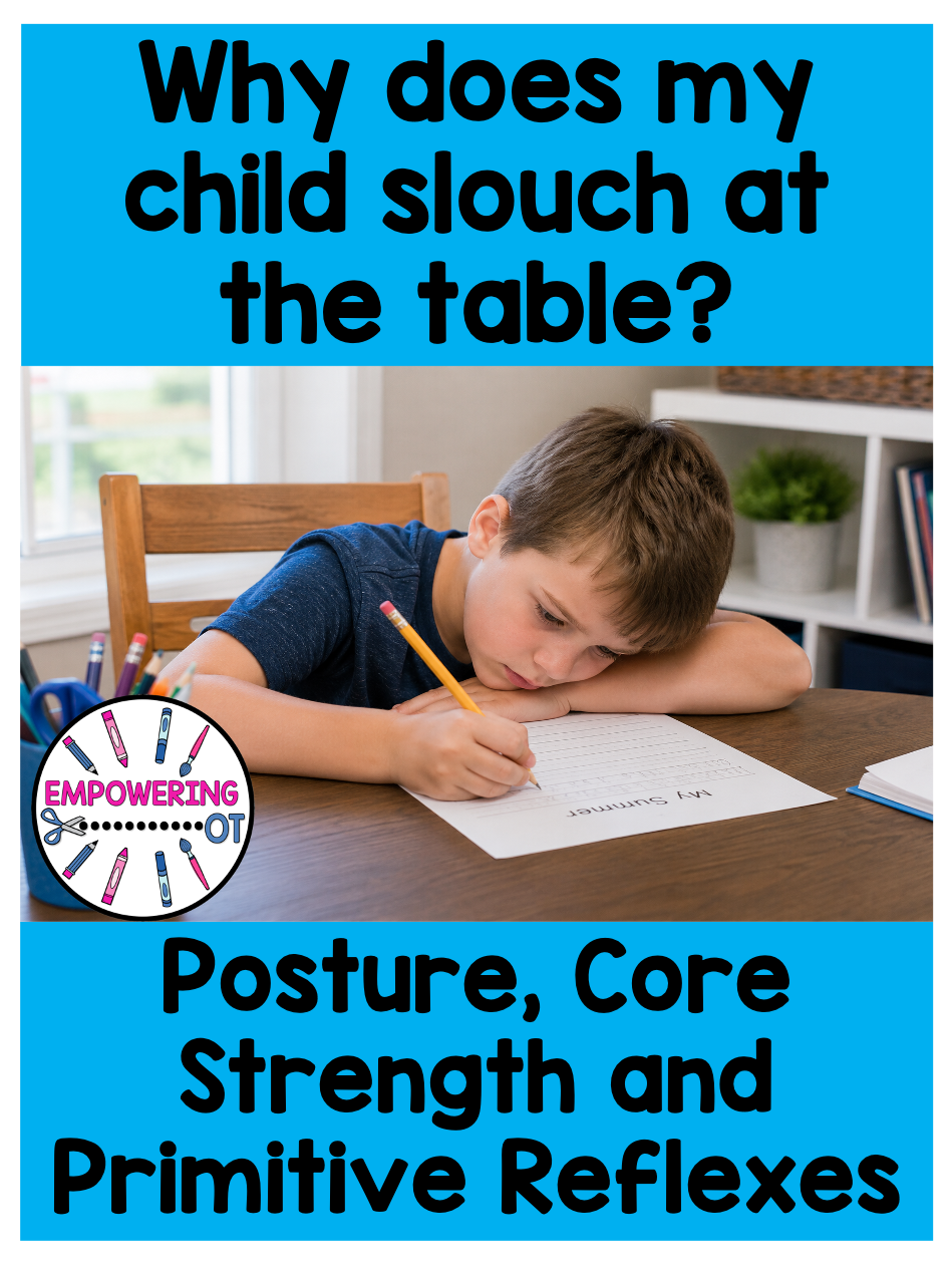 Child slouches at the table while completing a writing activity