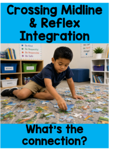 Young boy reaching for puzzle pieces spread across the floor during a classroom play activity, supporting bilateral coordination and whole body movement.