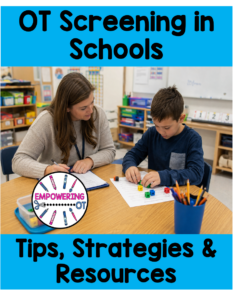 School-based occupational therapist completing an occupational therapy screening with a student using fine motor manipulatives in a classroom.
