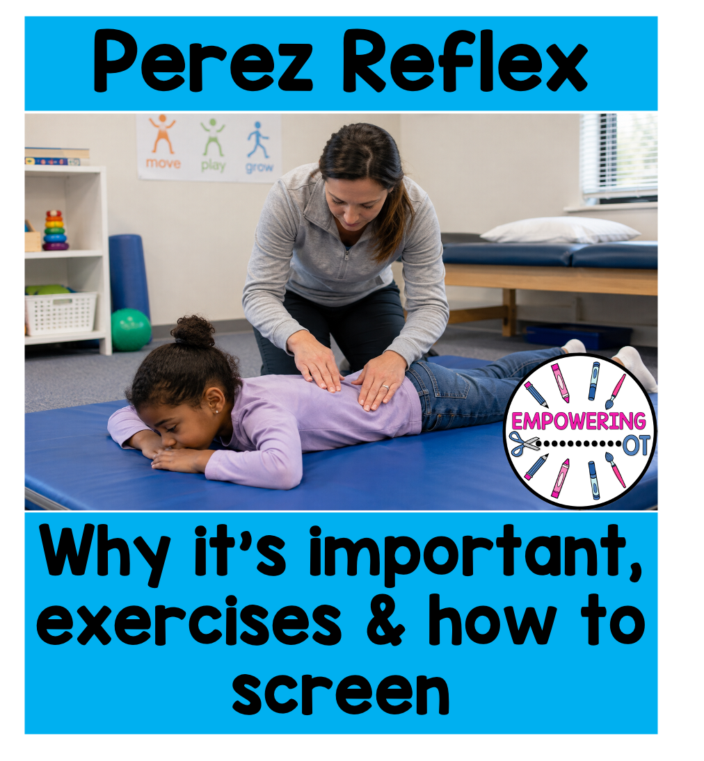Child lying on stomach during Perez reflex screening with an occupational therapist providing gentle sensory input along the back.
