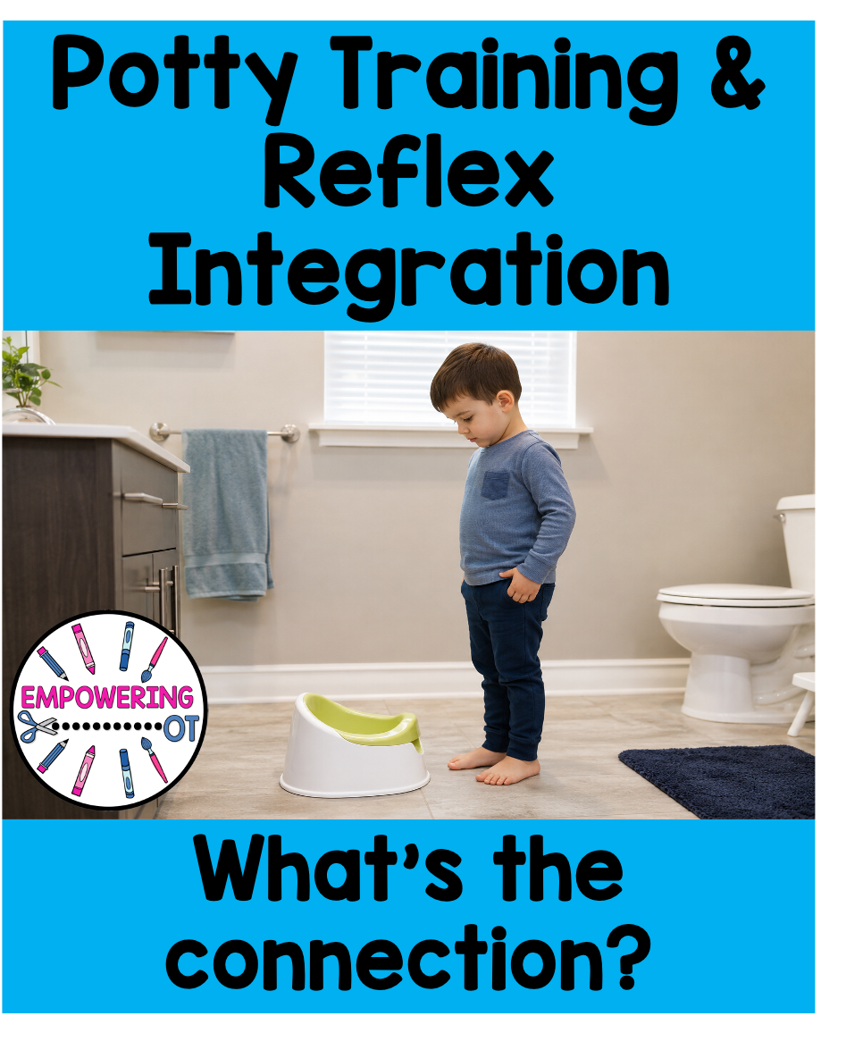 Retained primitive reflexes and potty training with child standing beside a potty