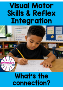 Child completing a visual motor worksheet with shape copying and dot-to-dot activities in an elementary classroom.