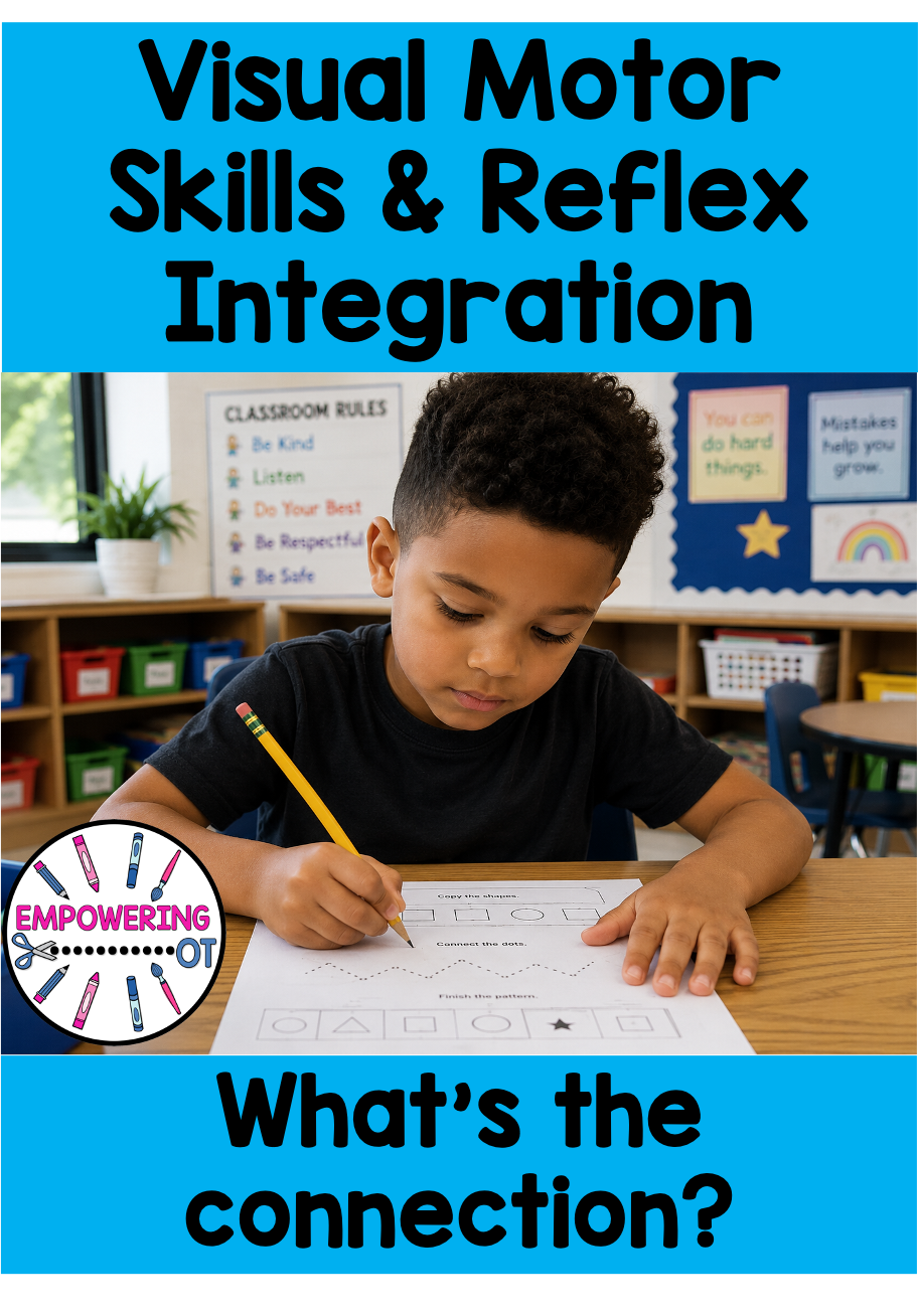 Child completing a visual motor worksheet with shape copying and dot-to-dot activities in an elementary classroom.