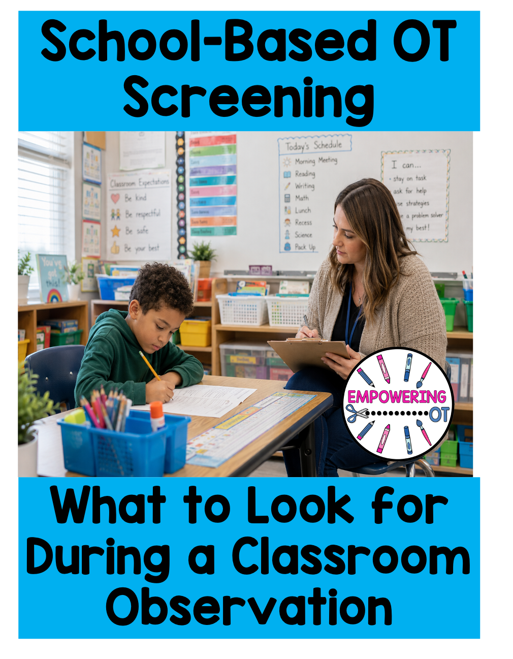 School-based occupational therapist completing a classroom observation during an OT screening